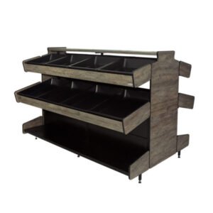 Expositor hortifruti central. Estrutura robusta, prática e ideal para frutas, legumes e verduras em mercados e hortifrutis.