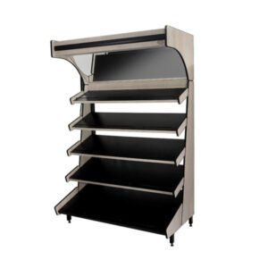 Expositor lateral para pães embalados. Organização prática, estrutura resistente e ideal para padarias, mercados e conveniências.