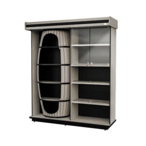 Expositor de vinhos em madeira tipo adega. Organização prática, visual sofisticado e estrutura em MDF para bares, lojas e adegas.