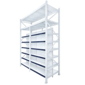 Mini porta pallet com gôndola. Estrutura modular, prateleiras práticas para estocagem leve e exposição de produtos em lojas e depósitos.