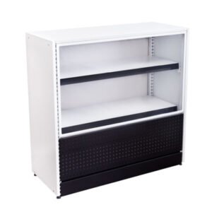 Balcão caixa frente vazada, com prateleiras abertas. Organização prática, design funcional e acesso rápido para farmácias e lojas.