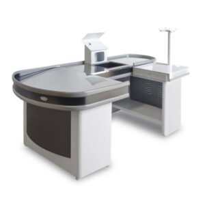 Checkout com espaço para balança, linha Luxo. Design ergonômico, estrutura moderna e prática para supermercados de todos os portes.