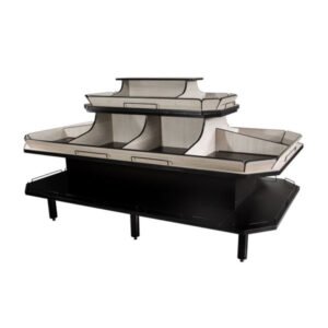 Expositor central para hortifruti com 2 níveis. Estrutura robusta, prática e atrativa para expor frutas, verduras e legumes com organização.