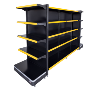 Gôndola central preta com podium, estrutura robusta, prateleiras ajustáveis e alta capacidade de carga. Organização elegante para sua loja.