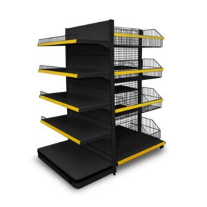 Gôndola com cestos para exposição prática. Estrutura robusta, prateleiras ajustáveis e cestos aramados para melhor organização de produtos.