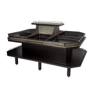 Gôndola de hortifruti central grande com estrutura robusta. Exposição prática e organizada de frutas, verduras e legumes no ponto de venda