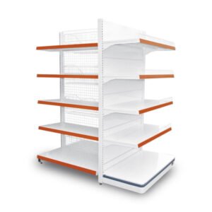 Gôndola fundo tela com estrutura reforçada, prateleiras moduláveis e alta capacidade de carga. Organização prática para lojas de construção.