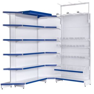 Gôndola lateral com cantos iluminada, ideal para corredores de supermercado. Modulação versátil, alta capacidade de carga e estrutura resistente.