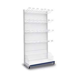 Gôndola lateral com ganchos para supermercado. Organização prática para itens pendurados, estrutura resistente e modulação versátil.
