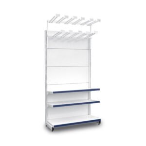 Gôndola lateral com vassoureiro para supermercado. Ideal para pendurar vassouras, rodos e utensílios. Estrutura robusta e modulação versátil.